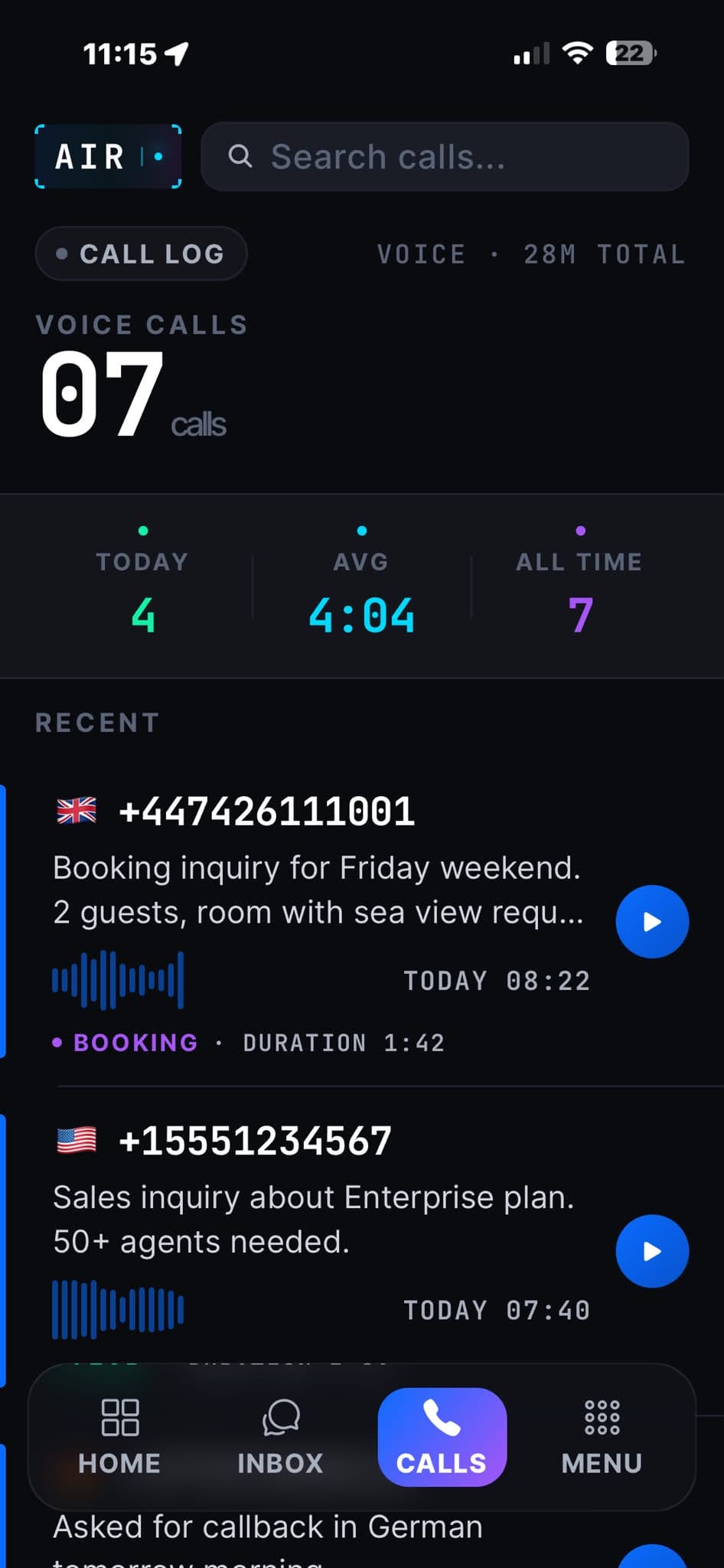 AI Receptionist Dashboard